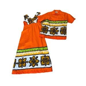 Vintage 60s Malihini Hawaii Orange Tiki Maxi Dress Matching Shirt Wedding Set -